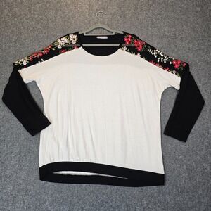 Milan Kiss Top Women's XL White Black Embroidered Floral Casual Long Sleeve